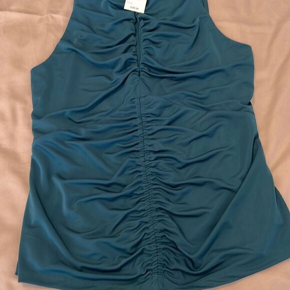 INC NWT szL Dark teal sleeveless gathered keyhole lined front top - Picture 3 of 10